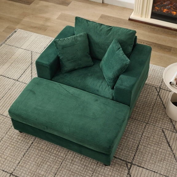 Chaise Lounge Chair with Removable Ottoman Accent Sofa Bed Upholstered Sleeper Couch Bed with Pillows, Modern Deep Seat Upholstered Armchair for Living Room, Bedroom (Green)