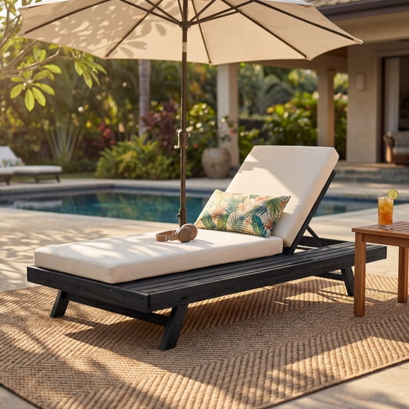 Chaise Lounge Chair, Solid Acacia Wood Outdoor Daybed with 4-Position Adjustable Recline, 4-Inch Water-Resistant Cream Cushion, 79"L x 37.75"W, Black Finish for Patio, Poolside or Terrace