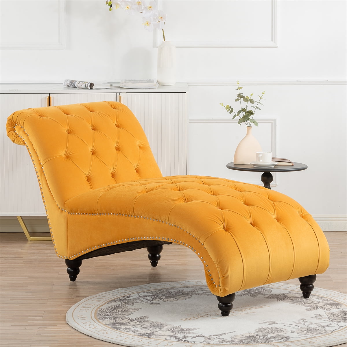 Chaise Lounge Chair with Solid Wood Legs,ButtonTufted Leisure Sofa
