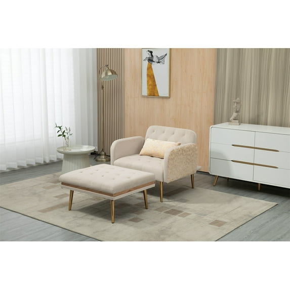 Chaise Lounge Chair, Velvet Accent Chair with Ottoman, Single Recliner Armchair with Adjustable Back and Metal Legs, Tufted Reading Chair Leisure Sofa for Living Room, Bedroom, Office, Beige