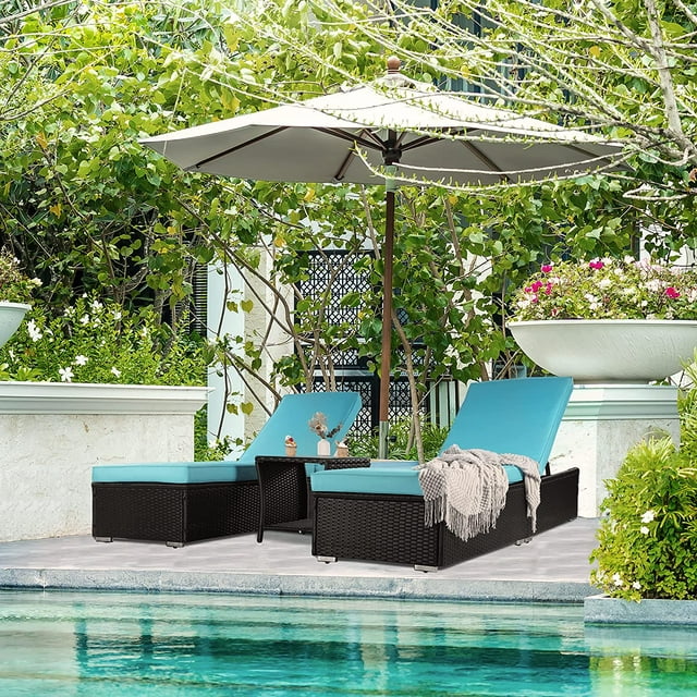 Chaise Lounge Chairs Outdoor Set of 2 with Patio Side Table, 3 Piece Patio Lounge Chair Set Wicker Adjustable Reclining Chairs and End Table for Pool with Removable Cushion, Blue