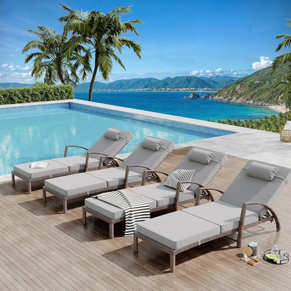 Chaise Lounge Chairs Set of 2 for Outside, Adjustable 5 Position Outdoor PE Rattan Wicker Patio Pool Lounge Chair with Arm, Cushion, Pillow and Wheels for Poolside Backyard Deck Porch,gray