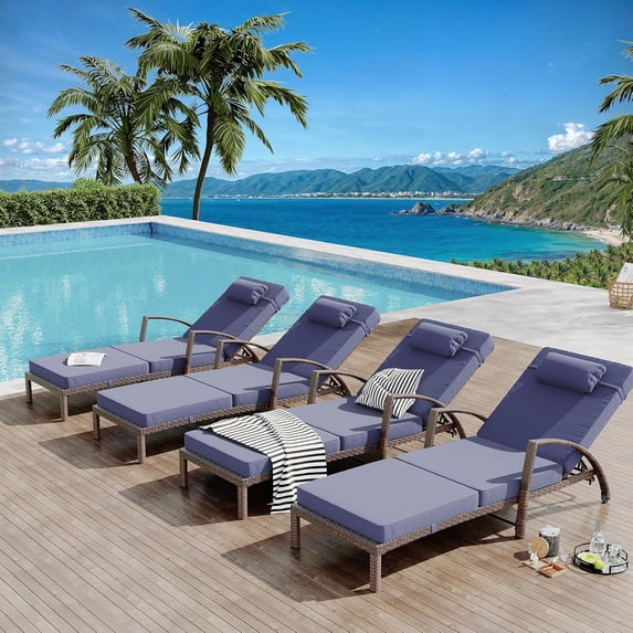 Chaise Lounge Chairs Set of 2 for Outside, Adjustable 5 Position Outdoor PE Rattan Wicker Patio Pool Lounge Chair with Arm, Cushion, Pillow and Wheels for Poolside Backyard Deck Porch,blue