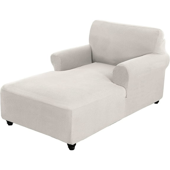 Chaise Lounge Cover - Stretch Jacquard Slipcover for Double Arm Chaises, Breathable Lattice Pattern Furniture Protector, Machine Washable Sofa Cover for Living Room/Bedroom (Ivory)