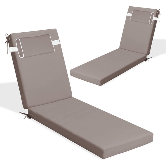 Chaise Lounge Cushions for Outdoor Furniture, Waterproof 72 x 21Inch Patio Lounge Cushion with Ties, 3 inch Thicks Patio Lounge Chair Cushion Replacement（Khaki,2pcs)