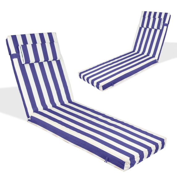 Chaise Lounge Cushions for Outdoor Furniture, Waterproof 72 x 21Inch Patio Lounge Cushion with Ties, 3 inch Thicks Patio Lounge Chair Cushion Replacement(blue white,2pcs)