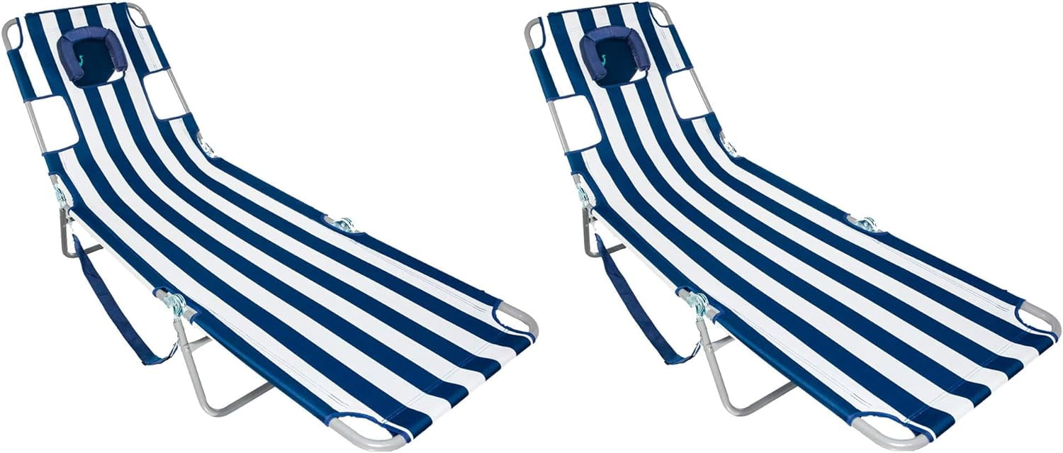 Chaise Lounge Folding Portable Sunbathing Beach Chair, Striped (2 Pack