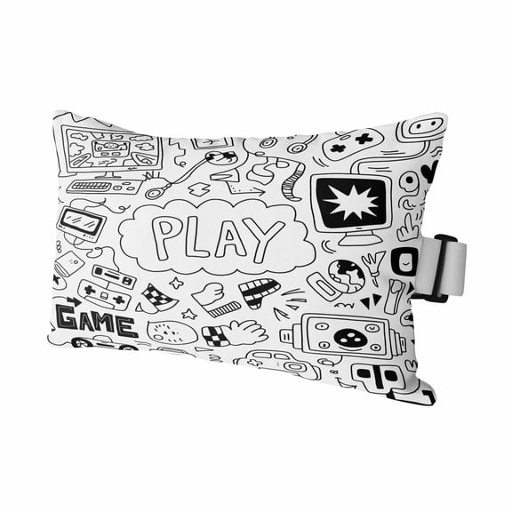 Chaise Lounge Headrest Pillow 1 Pack, Black White Video Game Waterproof Chair Pillows with Insert & Adjustable Elastic Strap for Beach Pool, Console Computer Gaming Sketch Style Outdoor Patio Pillow