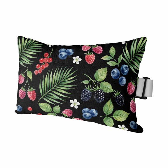 Chaise Lounge Headrest Pillow 1 Pack, Botanical Fruit Waterproof Chair Pillows with Insert & Adjustable Elastic Strap for Beach Pool Recliner, Retro Blueberry Raspberry Leaves Black Outdoor Pillow