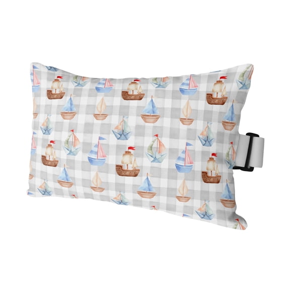 Chaise Lounge Headrest Pillow 1 Pack, Coastal Sailing Boats Waterproof Chair Pillows with Insert & Adjustable Elastic Strap for Beach Pool Recliner, Blue Gray Nautical Country Plaid Outdoor Pillow