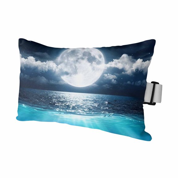 Chaise Lounge Headrest Pillow 1 Pack, Full Moon Waterproof Chair Pillows with Insert & Adjustable Elastic Strap for Beach Pool Recliner, Night Natural Scenery Cloud Sea Waves Blue Outdoor Pillow