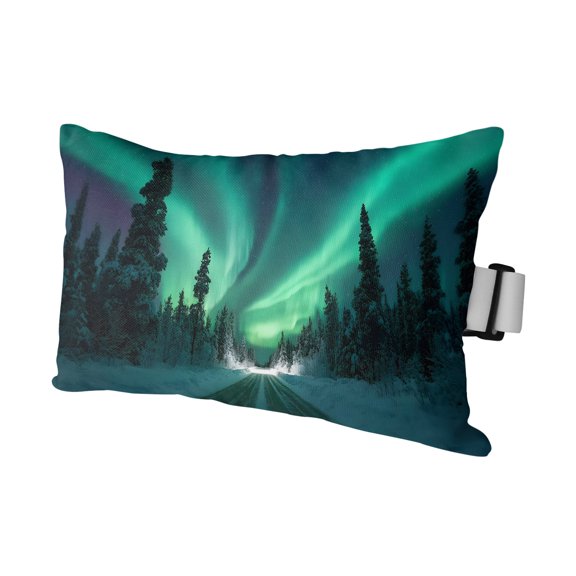 Chaise Lounge Headrest Pillow 1 Pack, Green Lights Forest Waterproof Chair Pillows with Insert & Adjustable Elastic Strap for Beach Pool Recliner, Nature Night Sky Snowy Forest Outdoor Patio Pillow