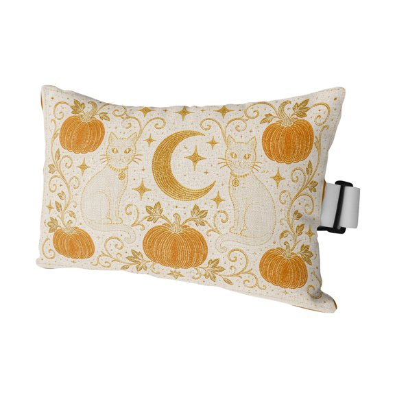 Chaise Lounge Headrest Pillow 1 Pack, Orange Pumpkin Waterproof Chair Pillows with Insert & Adjustable Elastic Strap for Beach Pool Recliner, Fall Halloween Cats Moon Stars Boho Outdoor Patio Pillow