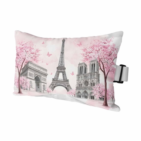 Chaise Lounge Headrest Pillow 1 Pack, Paris Eiffel Tower Waterproof Chair Pillows with Insert & Adjustable Elastic Strap for Beach Pool Recliner, Pink Cherry Blossom Romantic Flowers Outdoor Pillow