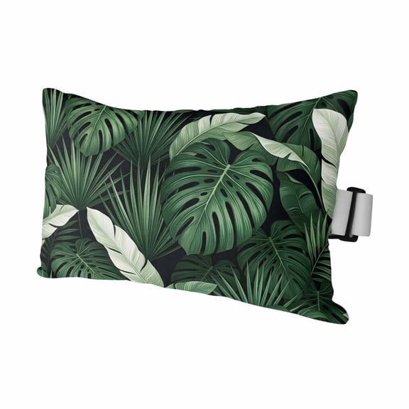 Chaise Lounge Headrest Pillow 1 Pack, Retro Tropical Plants Waterproof Chair Pillows with Insert & Adjustable Elastic Strap for Beach Pool Recliner, Rustic Palm Monstera Leaves Green Outdoor Pillow