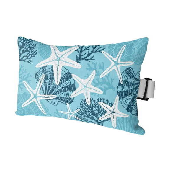 Chaise Lounge Headrest Pillow 1 Pack, Slate Blue Starfish Waterproof Chair Pillows with Insert & Adjustable Elastic Strap for Beach Pool Recliner, Coral Shell Ocean Retro Coastal Outdoor Patio Pillow