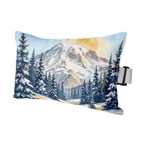 Chaise Lounge Headrest Pillow 1 Pack, Winter Path Waterproof Chair Pillows with Insert & Adjustable Elastic Strap for Beach Pool Recliner, Snowy Pine Mountain Watercolor Blue Gold Outdoor Pillow