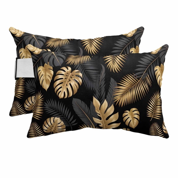 Chaise Lounge Headrest Pillow 2 Pack, Black Golden Palm Leaf Waterproof Chair Pillows with Insert & Adjustable Elastic Strap for Beach Pool Recliner, Tropical Plant Modern Luxury Outdoor Patio Pillow