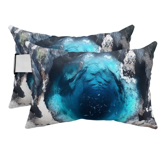 Chaise Lounge Headrest Pillow 2 Pack, Blue Cenote Waterproof Chair Pillows with Insert & Adjustable Elastic Strap for Beach Pool Recliner, Tropical Grotto Natural Pool Underwater Glow Outdoor Pillow