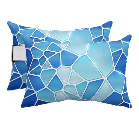 Chaise Lounge Headrest Pillow 2 Pack, Blue Ceramic Waterproof Chair Pillows with Insert & Adjustable Elastic Strap for Beach Pool Recliner, Abstract Tiles Modern Art Outdoor Patio Pillow
