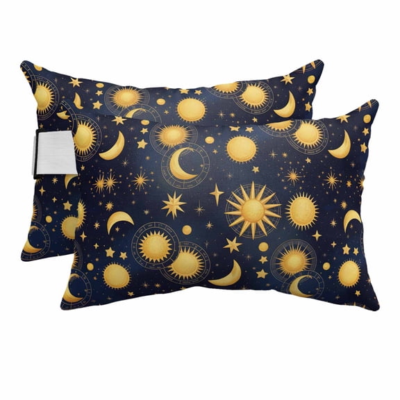 Chaise Lounge Headrest Pillow 2 Pack, Blue Star Sky Waterproof Chair Pillows with Insert & Adjustable Elastic Strap for Beach Pool Recliner, Retro Fantasy Farmhouse Gold Moon Sun Outdoor Patio Pillow
