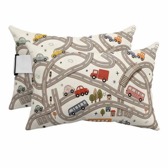 Chaise Lounge Headrest Pillow 2 Pack, Cars Buses Waterproof Chair Pillows with Insert & Adjustable Elastic Strap for Beach Recliner, Cartoon Grey City Street Map Traffic Educational Outdoor Pillow