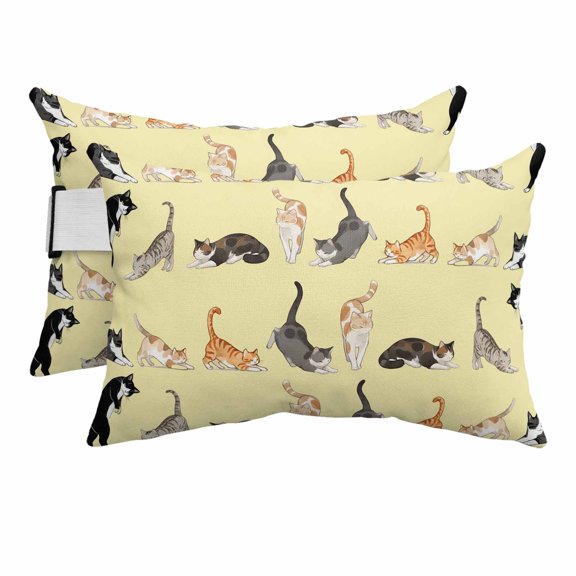 Chaise Lounge Headrest Pillow 2 Pack, Cartoon Cats Waterproof Chair Pillows with Insert & Adjustable Elastic Strap for Beach Pool Recliner, Funny Cute Kitty Animals Light Yellow Outdoor Patio Pillow