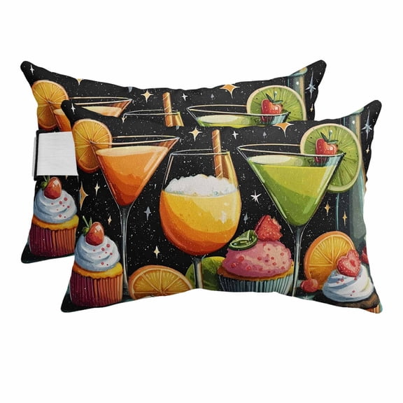 Chaise Lounge Headrest Pillow 2 Pack, Cartoon Cupcakes Waterproof Chair Pillows with Insert & Adjustable Elastic Strap for Beach Pool Recliner, Funny Cute Food Starry Sky Black Outdoor Patio Pillow