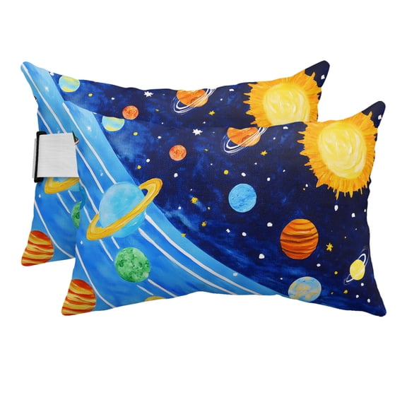 Chaise Lounge Headrest Pillow 2 Pack, Cartoon Space Waterproof Chair Pillows with Insert & Adjustable Elastic Strap for Beach Recliner, Blue Night Sky Mystical Star Sun Planets Outdoor Patio Pillow