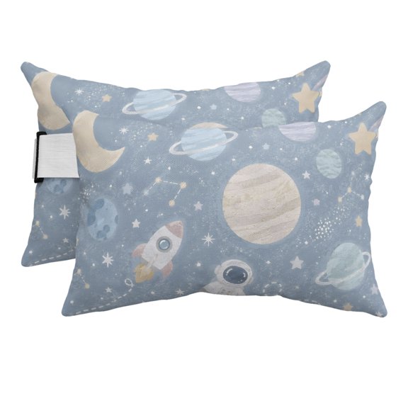 Chaise Lounge Headrest Pillow 2 Pack, Cartoon Universe Waterproof Chair Pillows with Insert & Adjustable Elastic Strap for Beach Pool Recliner, Retro Blue Outer Space Moon Rocket Outdoor Patio Pillow