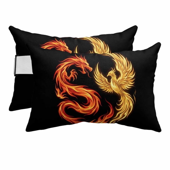 Chaise Lounge Headrest Pillow 2 Pack, Chinese Style Waterproof Chair Pillows with Insert & Adjustable Elastic Strap for Beach Pool Recliner, Dragon Phoenix Gradient Fire Aesthetic Outdoor Pillow