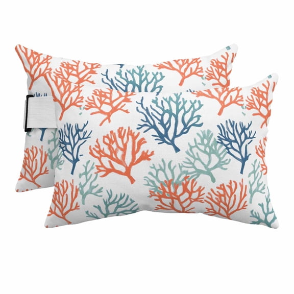 Chaise Lounge Headrest Pillow 2 Pack, Coastal Coral Waterproof Chair Pillows with Insert & Adjustable Elastic Strap for Beach Pool, Orange Green Blue Multicolored Rainbow Outdoor Patio Pillow