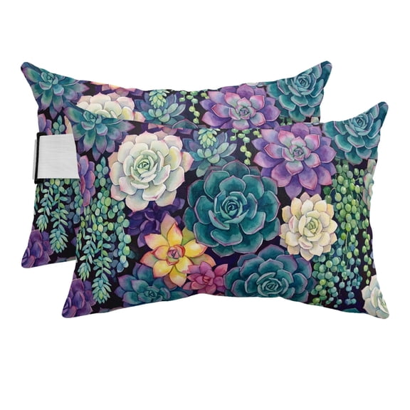 Chaise Lounge Headrest Pillow 2 Pack, Desert Plants Waterproof Chair Pillows with Insert & Adjustable Elastic Strap for Beach Pool Recliner, Succulents Botanical Green Purple Outdoor Patio Pillow