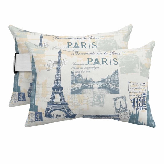 Chaise Lounge Headrest Pillow 2 Pack, Eiffel Tower Waterproof Chair Pillows with Insert & Adjustable Elastic Strap for Beach Pool, European Architectural Retro Hand-Painted Outdoor Patio Pillow