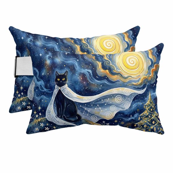 Chaise Lounge Headrest Pillow 2 Pack, Fantasy Starry Sky Waterproof Chair Pillows with Insert & Adjustable Elastic Strap for Beach Recliner, Cute Black Cat Moonlight Xmas Trees Bohemia Outdoor Pillow