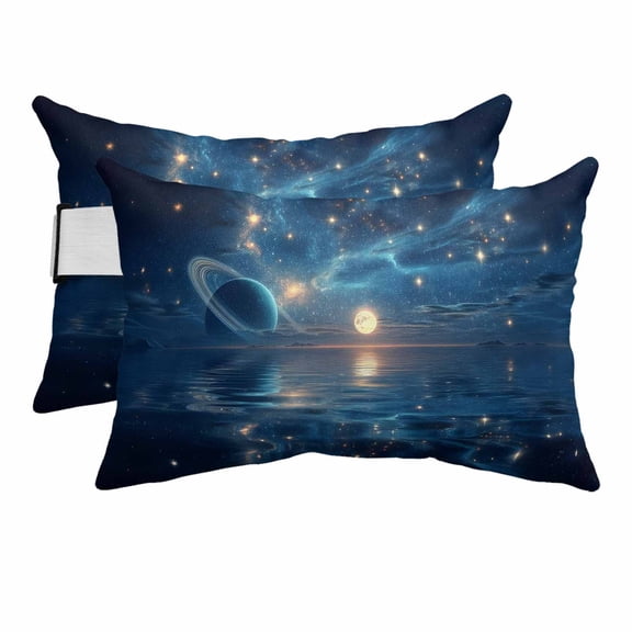 Chaise Lounge Headrest Pillow 2 Pack, Galaxy Space Waterproof Chair Pillows with Insert & Adjustable Elastic Strap for Beach Pool Recliner, Universe Planets Sparkling Stars Moon Blue Outdoor Pillow