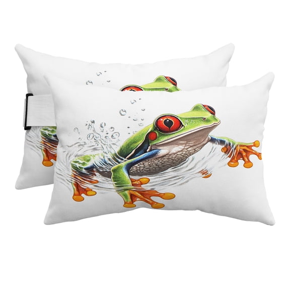 Chaise Lounge Headrest Pillow 2 Pack, Green Funny Frog Waterproof Chair Pillows with Insert & Adjustable Elastic Strap for Beach Pool Recliner, Animal Vintage Artwork Watercolor Outdoor Patio Pillow