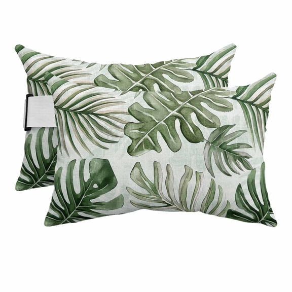 Chaise Lounge Headrest Pillow 2 Pack, Green Monstera Deliciosa Waterproof Chair Pillows with Insert & Adjustable Elastic Strap for Beach Pool Recliner, Summer Botanical Tropical Outdoor Patio Pillow