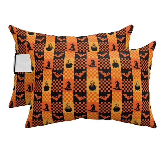 Chaise Lounge Headrest Pillow 2 Pack, Halloween Waterproof Chair Pillows with Insert & Adjustable Elastic Strap for Beach Pool Recliner, Orange Black Plaid Bat Gingham Spook Outdoor Patio Pillow