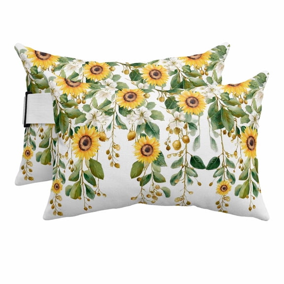 Chaise Lounge Headrest Pillow 2 Pack, Hanging Floral Waterproof Chair Pillows with Insert & Adjustable Elastic Strap for Beach Pool Recliner, Spring Botanical Sunflower Green Leaves Outdoor Pillow