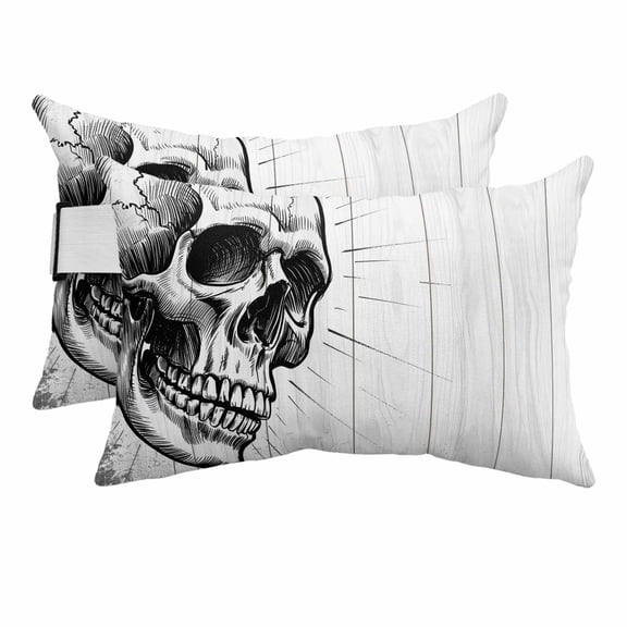 Chaise Lounge Headrest Pillow 2 Pack, Horror Skull Waterproof Chair Pillows with Insert & Adjustable Elastic Strap for Beach Pool Recliner, Black Skeleton Spooky Halloween Outdoor Patio Pillow