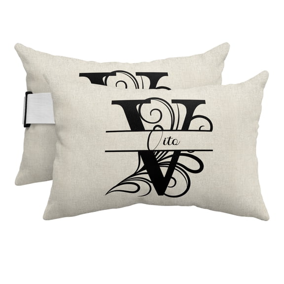 Chaise Lounge Headrest Pillow 2 Pack, Letter V Waterproof Chair Pillows with Insert & Adjustable Elastic Strap for Beach Pool Recliner, Monogram Words Outdoor Patio Pillow