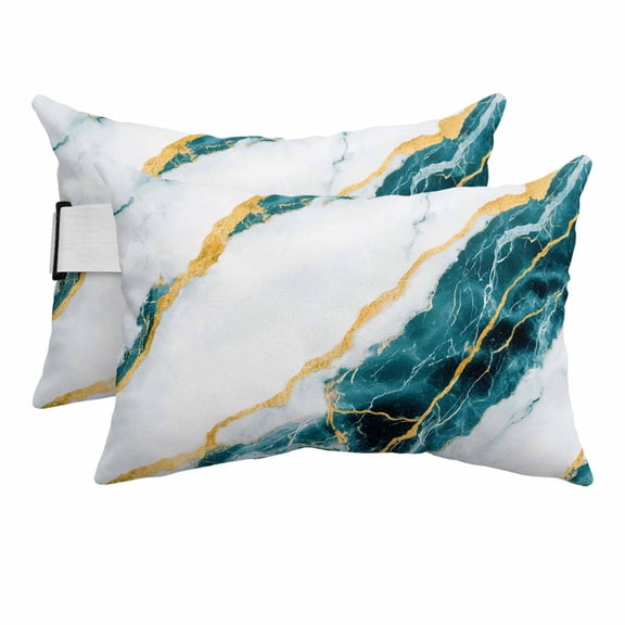 Chaise Lounge Headrest Pillow 2 Pack, Marble Turquoise Waterproof Chair Pillows with Insert & Adjustable Elastic Strap for Beach Pool, Gold Foil Ceramic Style Crack Scratch Outdoor Patio Pillow