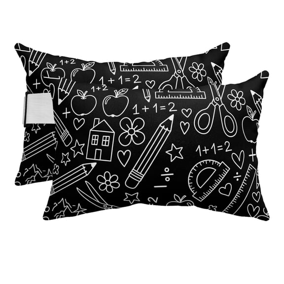 Chaise Lounge Headrest Pillow 2 Pack, Mathematics Tools Sketch Waterproof Chair Pillows with Insert & Adjustable Elastic Strap for Beach Pool Recliner, Black Modern Abstract Icons Outdoor Pillow