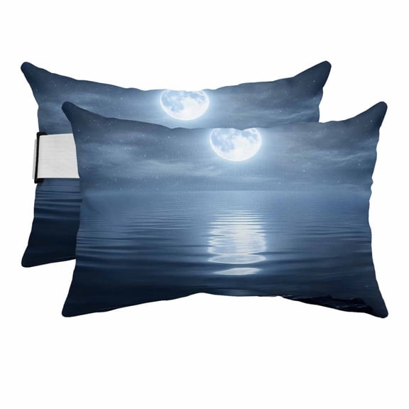 Chaise Lounge Headrest Pillow 2 Pack, Midnight Moon Waterproof Chair Pillows with Insert & Adjustable Elastic Strap for Beach Pool Recliner, Natural Night Scenery Dark Blue Outdoor Patio Pillow