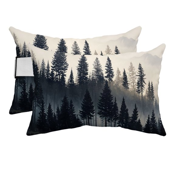 Chaise Lounge Headrest Pillow 2 Pack, Mist Pine Forest Waterproof Chair Pillows with Insert & Adjustable Elastic Strap for Beach Pool Recliner, Rustic Nature Mountains Trees Scenery Outdoor Pillow