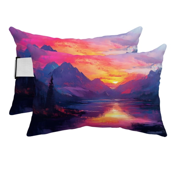 Chaise Lounge Headrest Pillow 2 Pack, Mountain Peaks Waterproof Chair Pillows with Insert & Adjustable Elastic Strap for Beach Pool Recliner, Sunset Gradient Sky Outdoor Patio Pillow