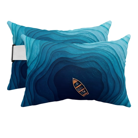 Chaise Lounge Headrest Pillow 2 Pack, Nautical Ship Waterproof Chair Pillows with Insert & Adjustable Elastic Strap for Beach Pool Recliner, Blue Coastal Boat Geometric Striped Outdoor Patio Pillow