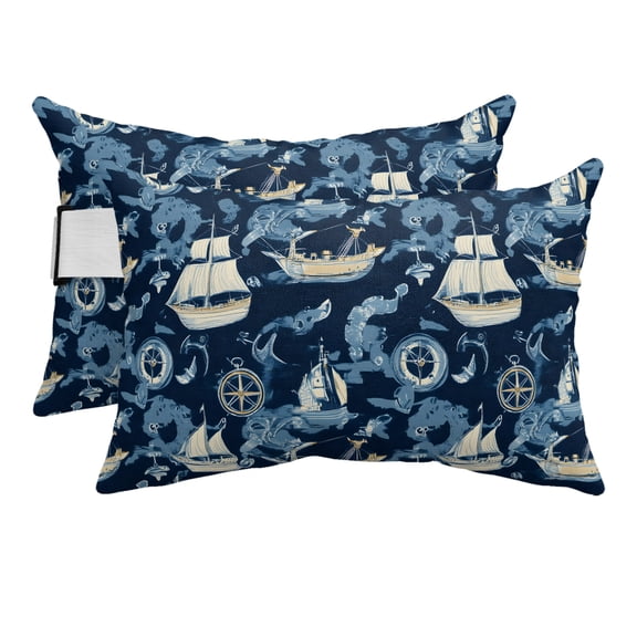 Chaise Lounge Headrest Pillow 2 Pack, Navy Blue Coastal Waterproof Chair Pillows with Insert & Adjustable Elastic Strap for Beach Pool Recliner, Nautical Boat Summer Beach Ocean Outdoor Patio Pillow