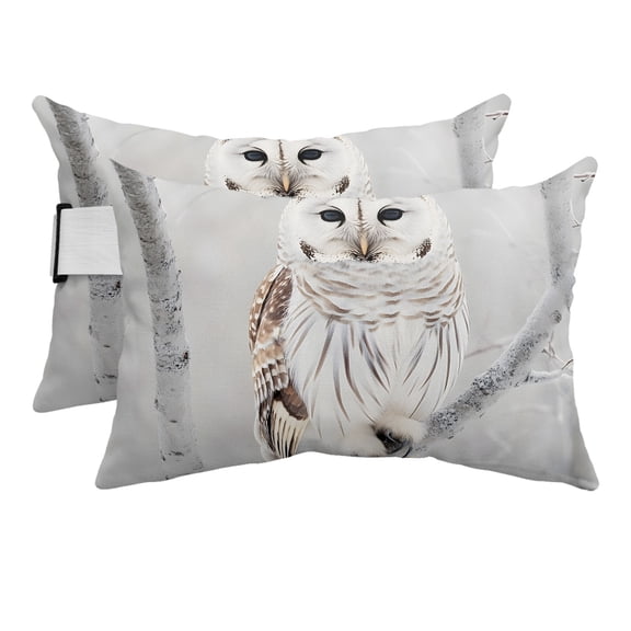 Chaise Lounge Headrest Pillow 2 Pack, Owl On Branch Waterproof Chair Pillows with Insert & Adjustable Elastic Strap for Beach Pool Recliner, Framhouse Winter Landscape Tree Birds Outdoor Patio Pillow